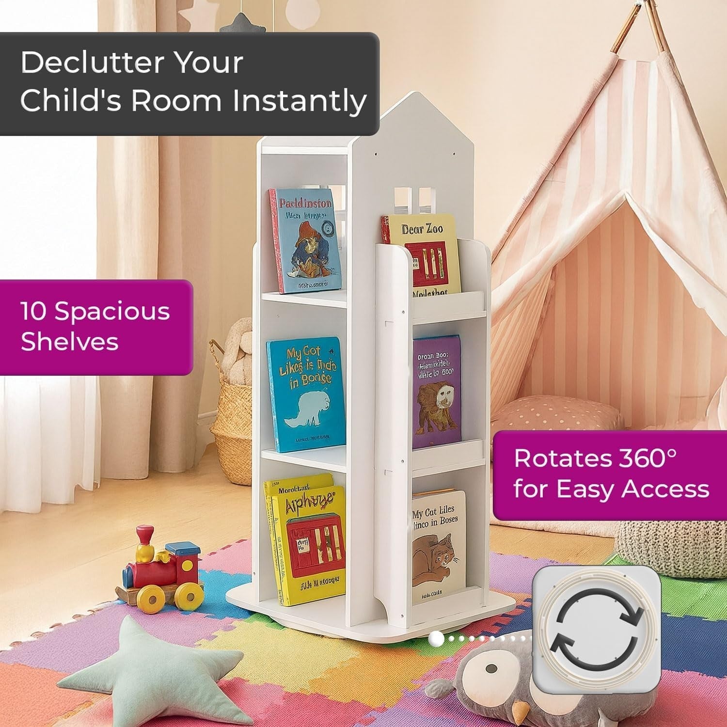 360° Rotating Kids Bookshelf 10-Shelf Freestanding Space-Saving Bookcase