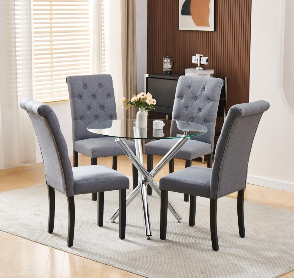 Modern 5-Piece Round Glass Dining Table Set with 4 Grey Fabric Chairs