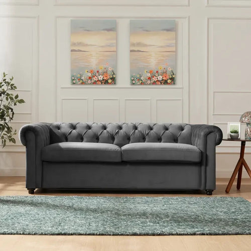 Velvet Chesterfield Pull Out Sofa Bed 2 Seater With Mattress Grey