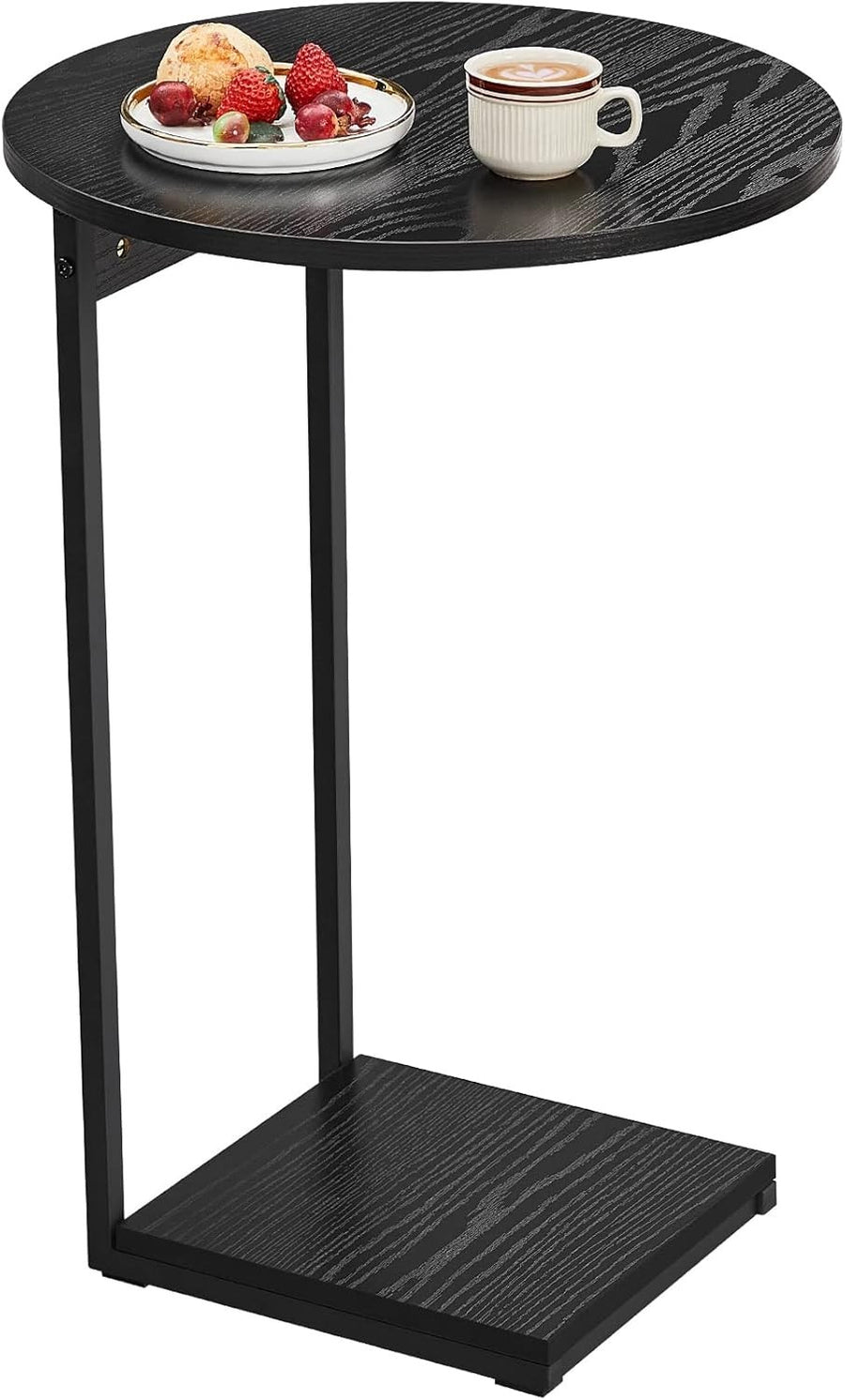 Slim C-Shaped Black Side Table with Storage Shelf – Space-Saving End Table