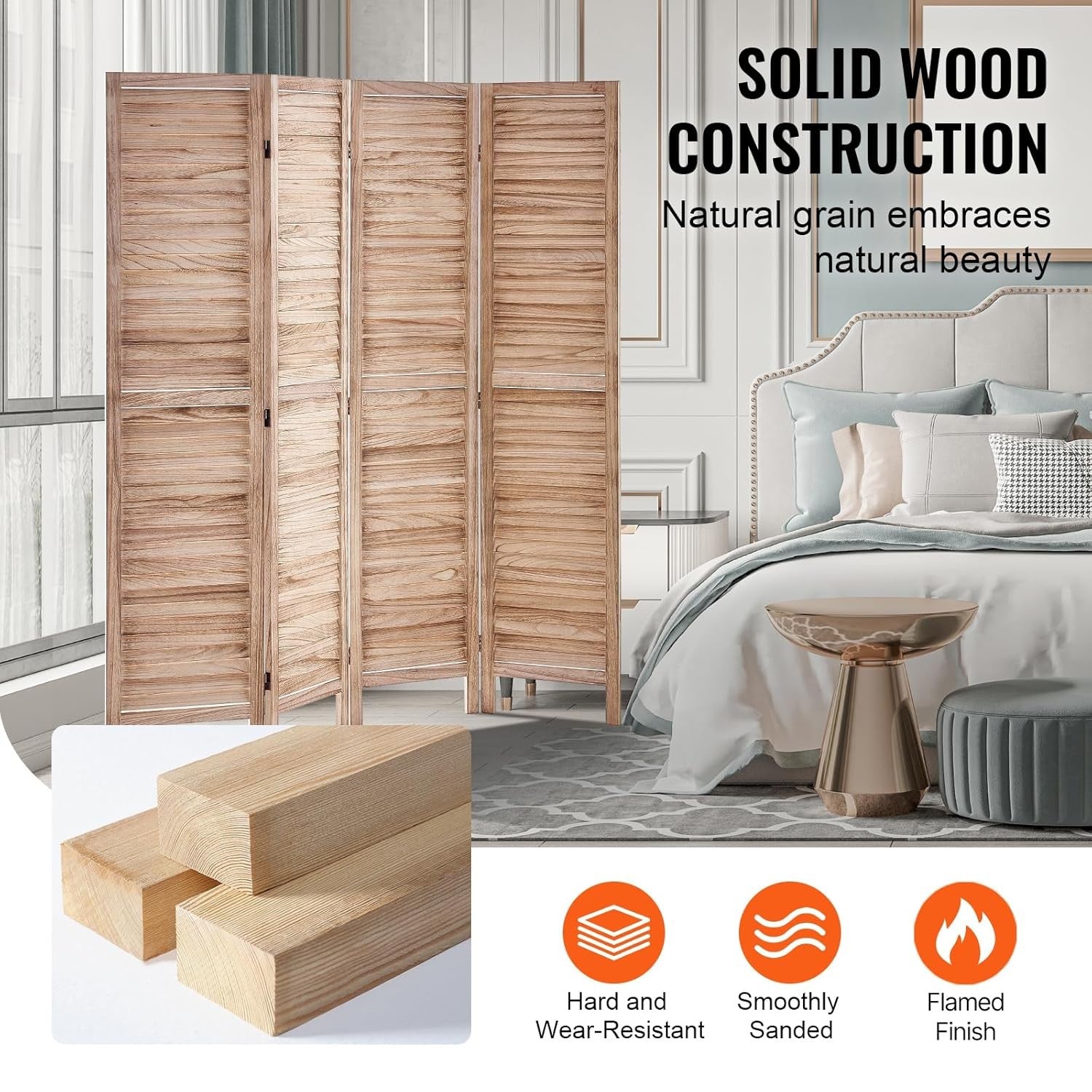 4 Panel Wooden Folding Room Divider Light Natural Privacy Screen 162x170cm