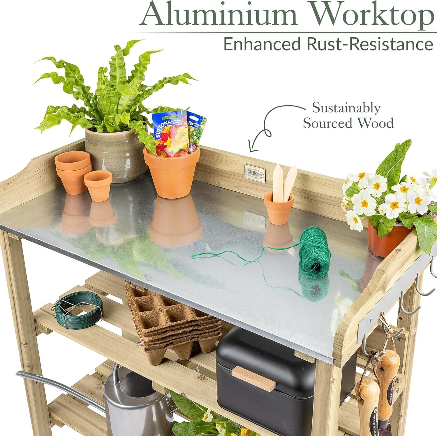 Wooden Garden Potting Table Bench Aluminium Top Shelves Hooks Outdoor