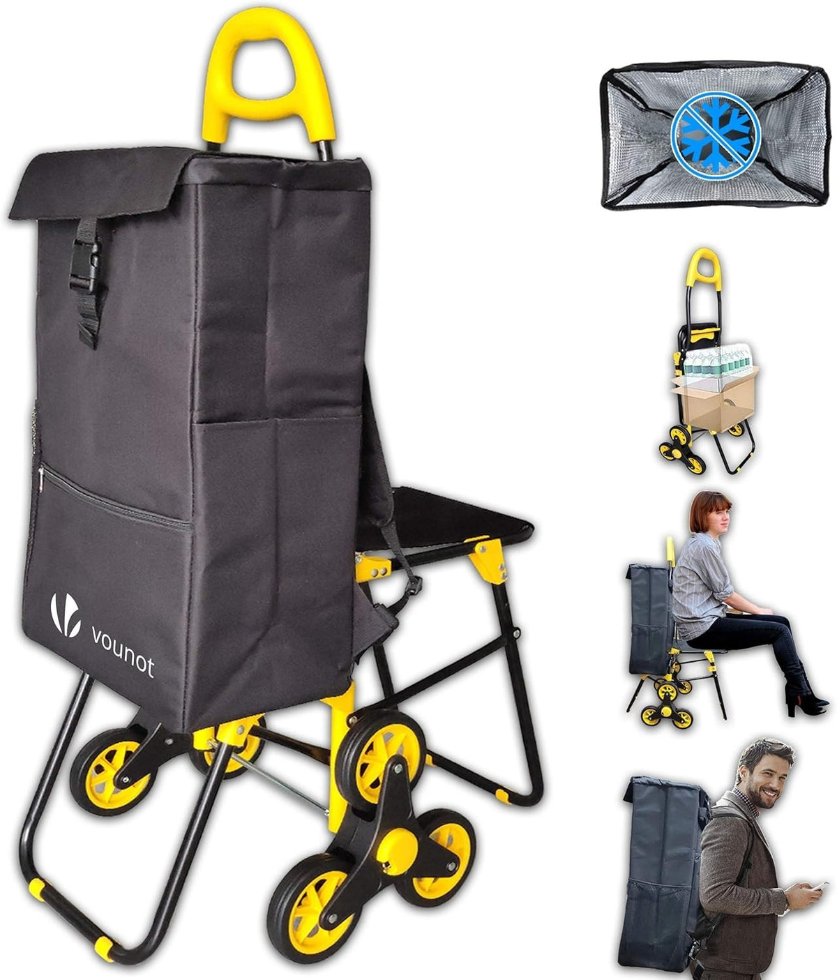 35L 6-Wheel Foldable Shopping Trolley Seat Waterproof Thermal Cart Black/Yellow