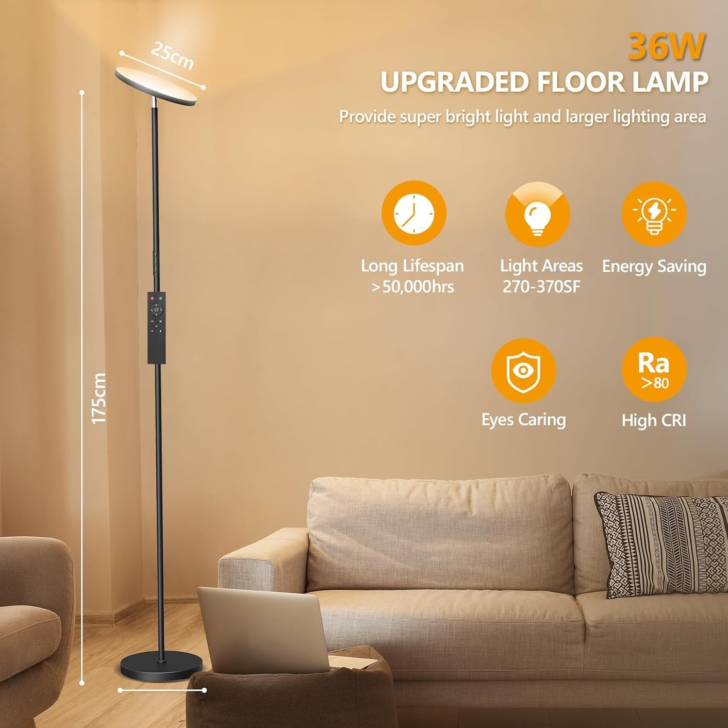 LED Uplighter Floor Lamp Dimmable 2700K-6500K Remote Touch Reading Light