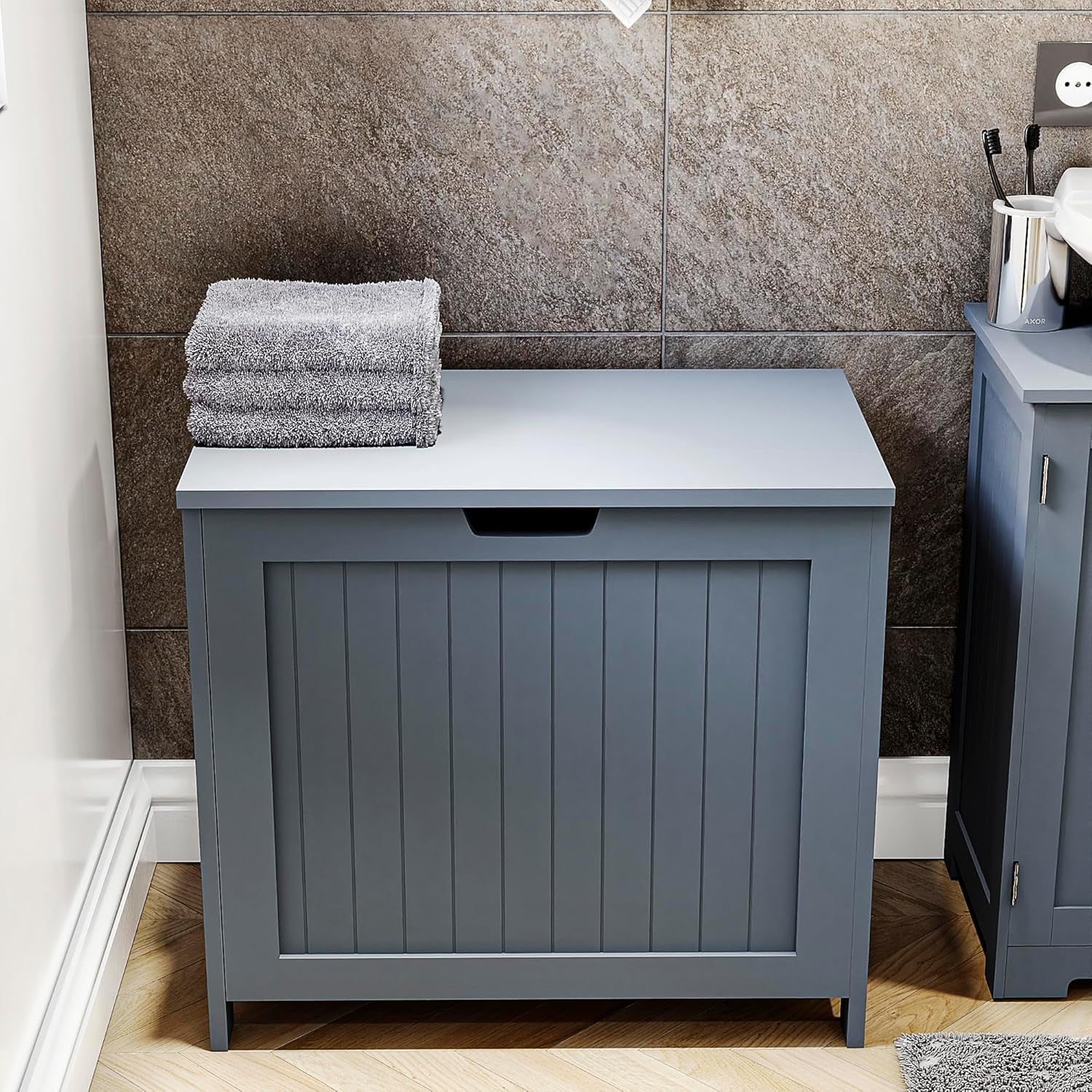 Large Grey Laundry Hamper Modern Hinged Lid Wooden Basket 56×60×35cm FSC Wood