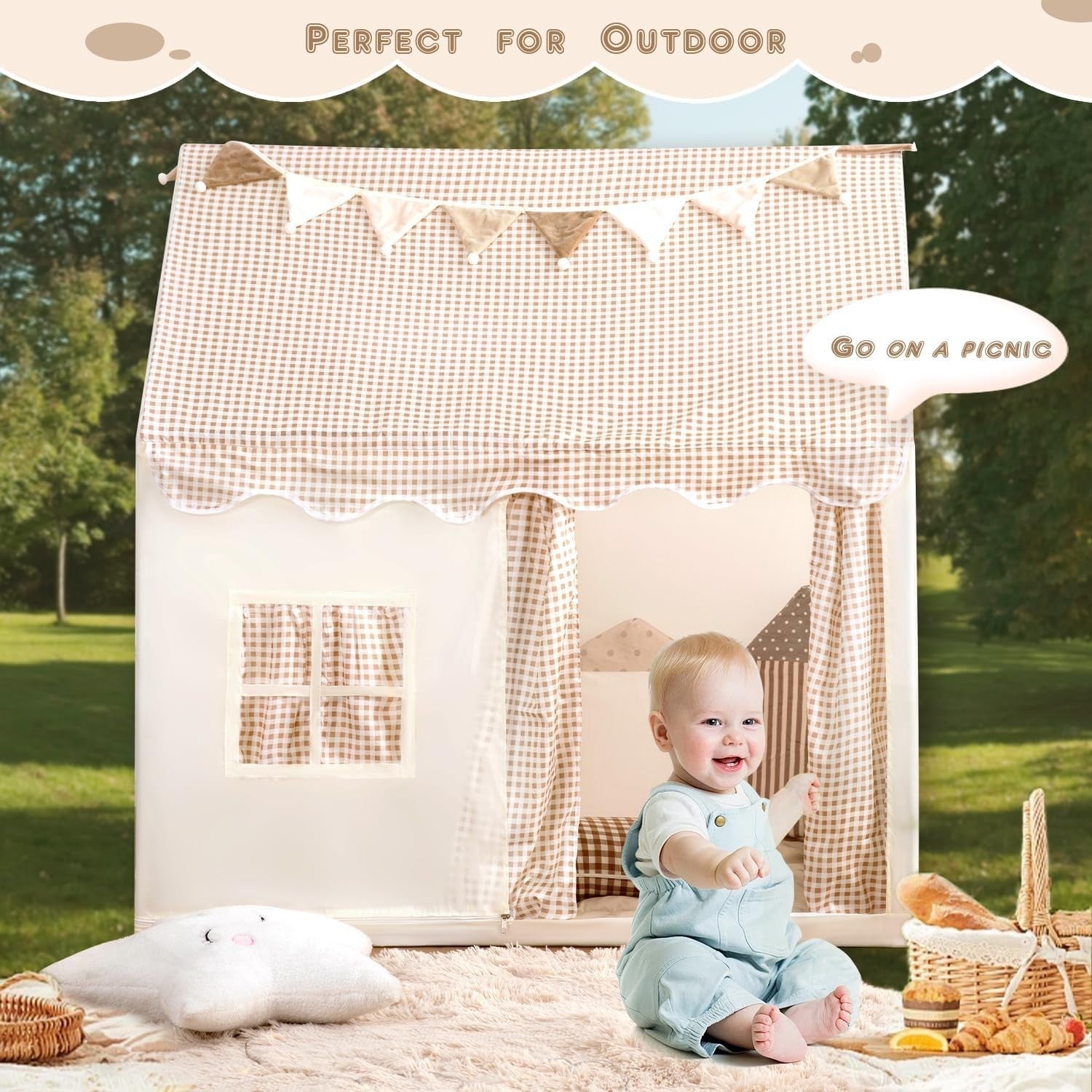 Kids Teepee Play Tent Beige Star Lights Indoor Outdoor Washable House
