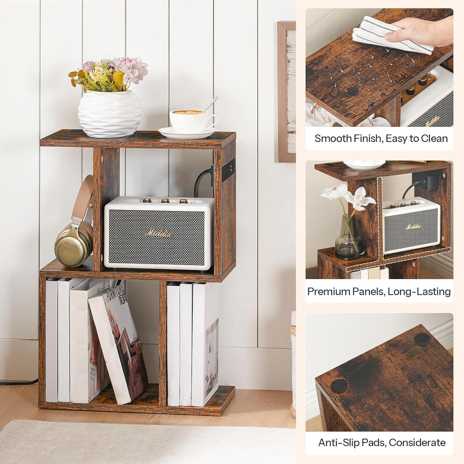 Slim S-Shaped Side Table w/ USB & AC Outlet | Narrow Bedside & End Table