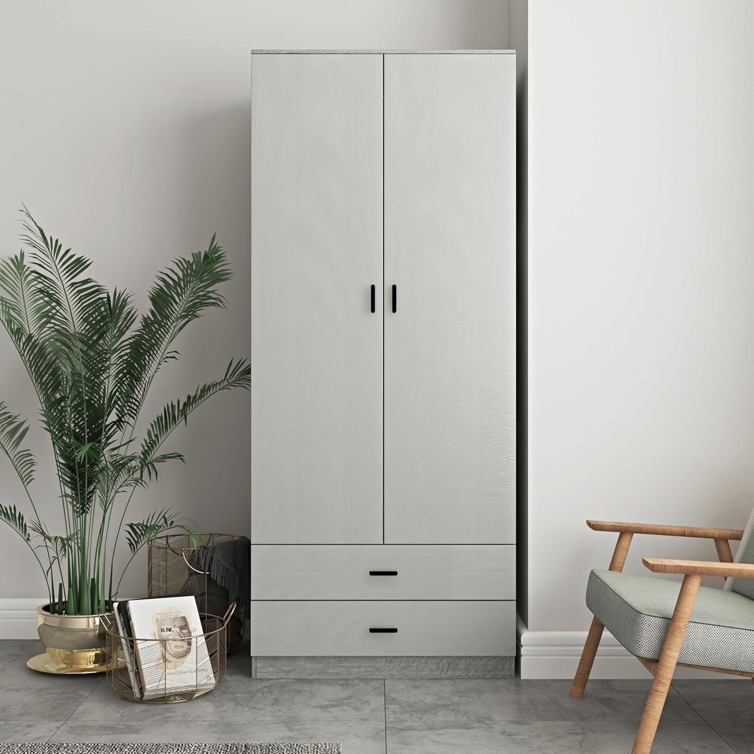 Grey Wooden Wardrobe 2 Door 2 Drawer Tall Storage Unit for Bedroom Clothes