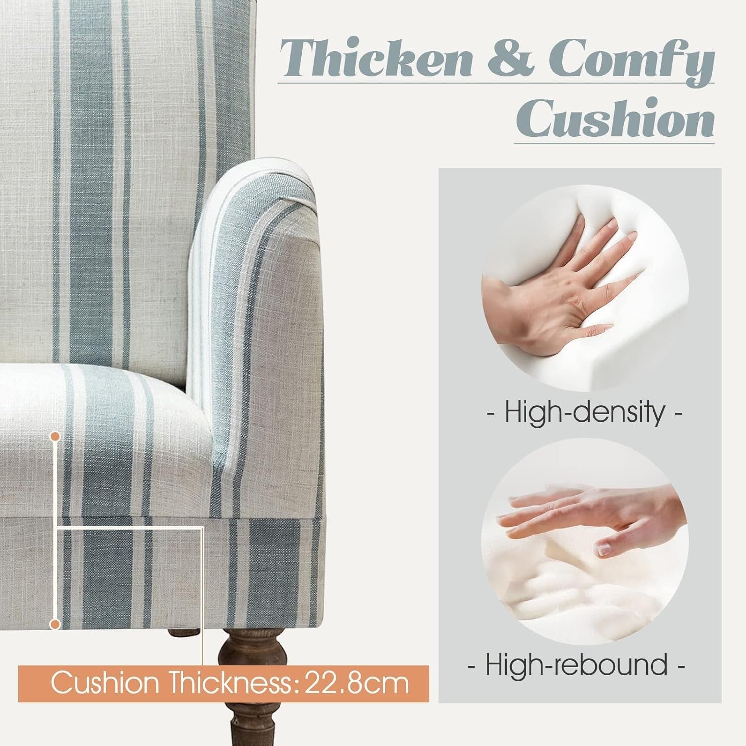 Striped Upholstered Armchair with Wooden Legs for Lounge or Bedroom Blue