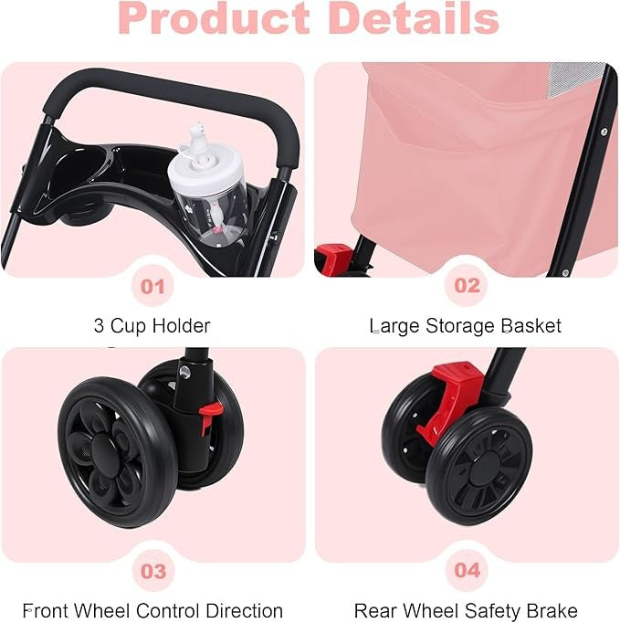 4 Wheel Dog Stroller Folding Pet Pram with Cup Holder Travel Buggy Pink