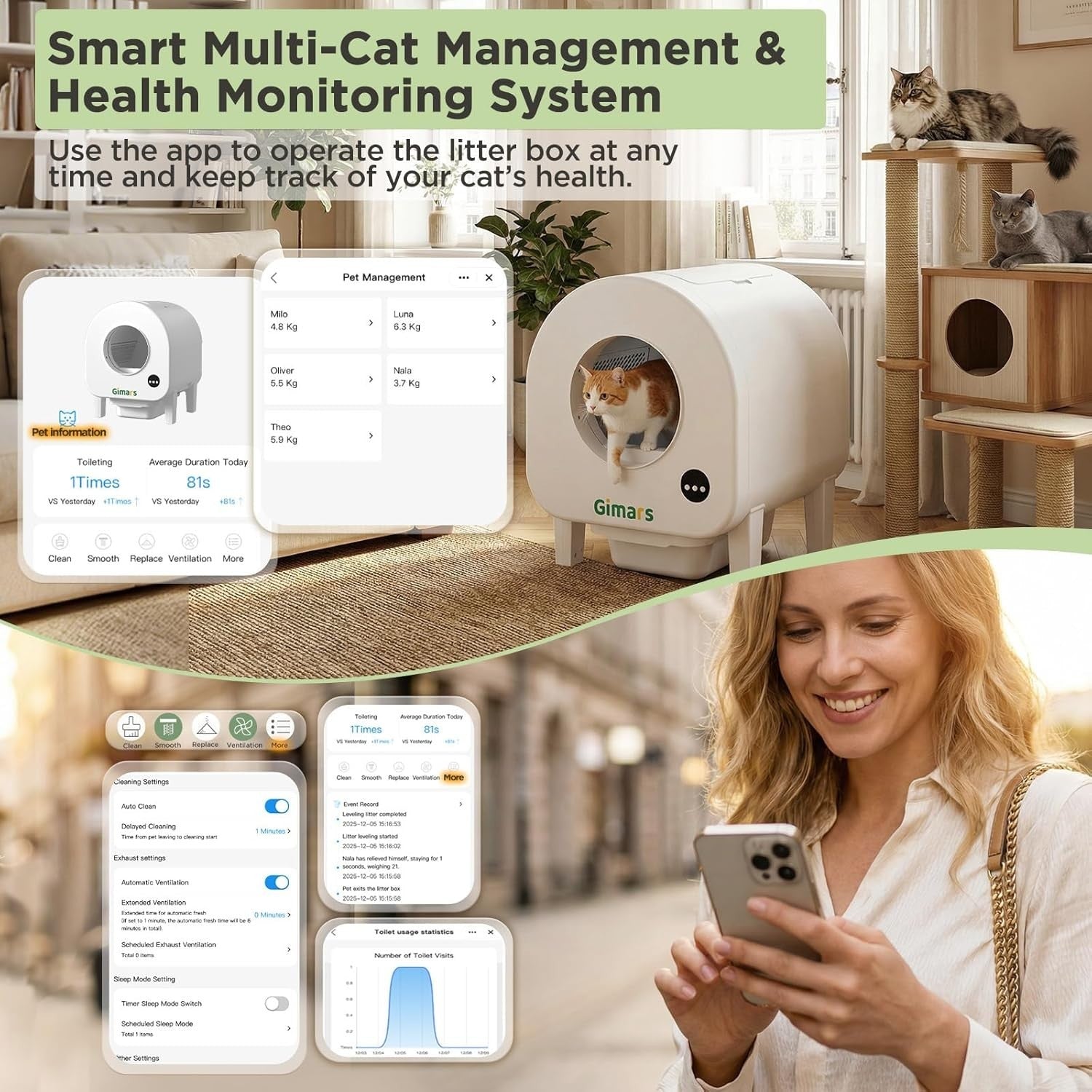 XXL Self Cleaning Cat Litter Box App Control 90L Odor Control Auto