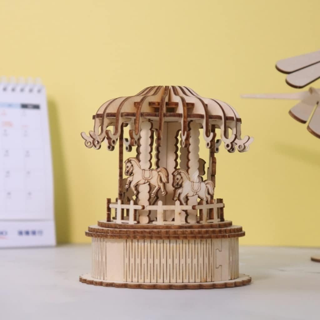 Romantic DIY Mechanical Carousel Music Box Kit | 46pcs Wood Model Gift