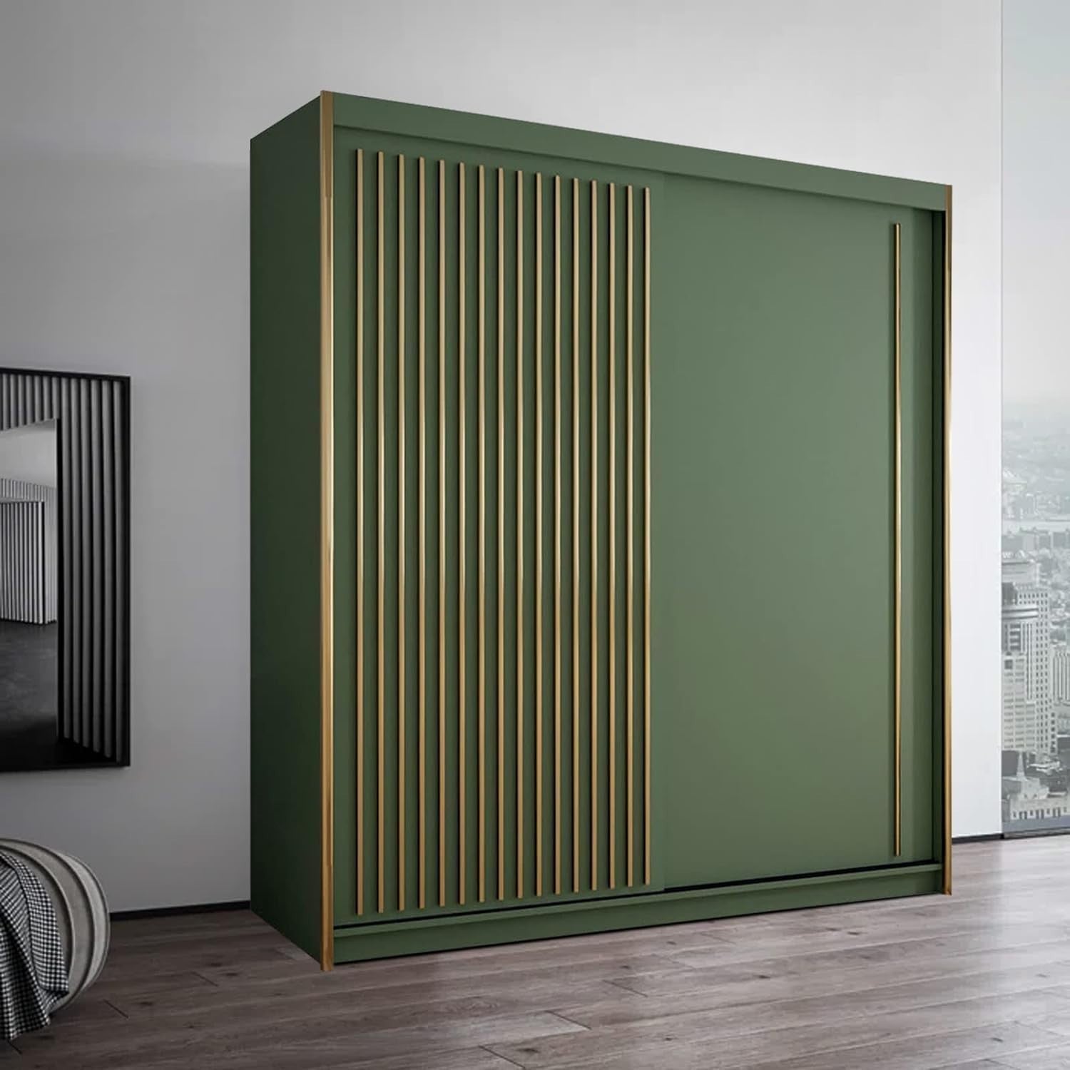 Green 203cm Sliding Wardrobe with Rails & Shelves, 2 Door Closet Modern