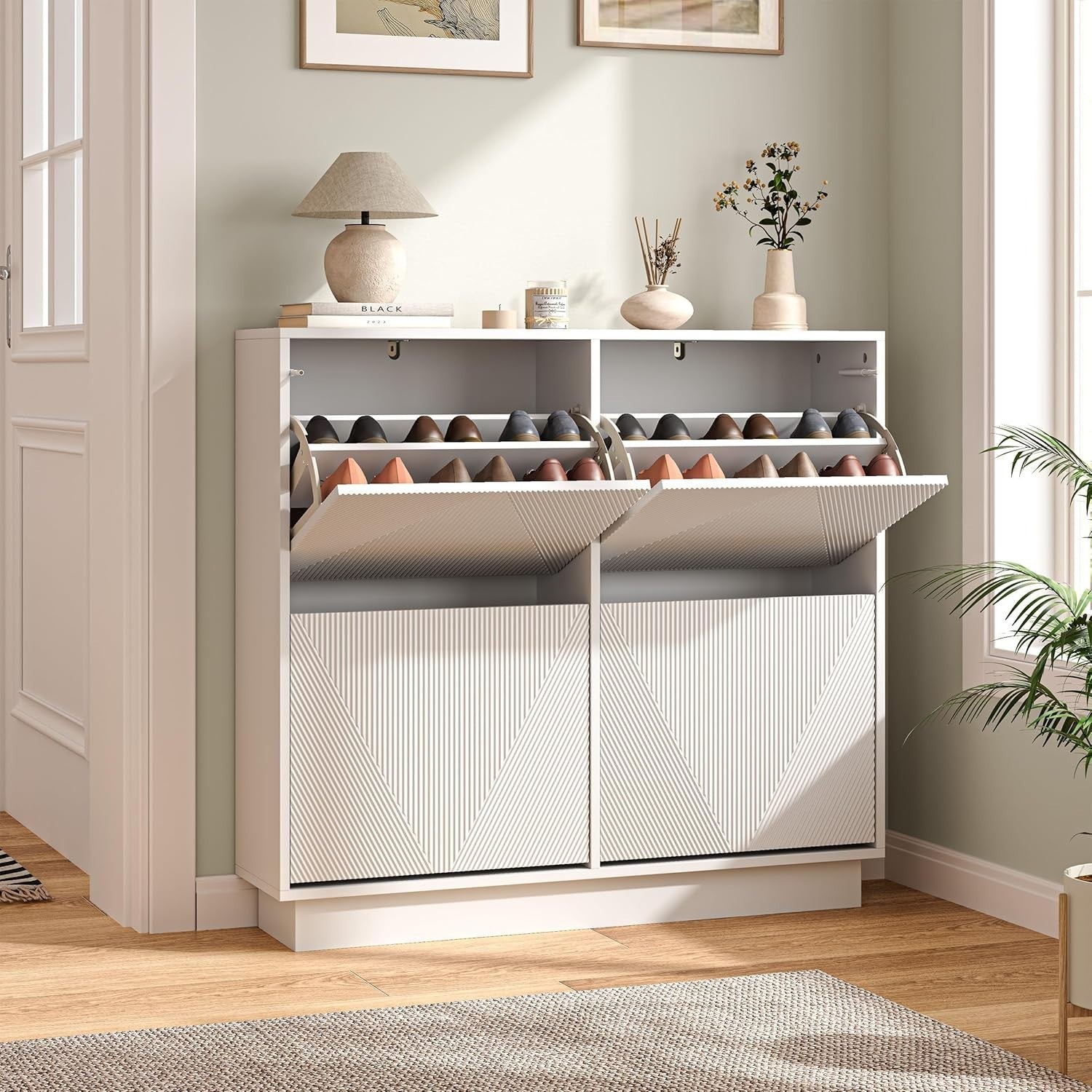 White Slim Shoe Cabinet 4 Flip Drawers | Anti-Tip, 99cm Wide Storage
