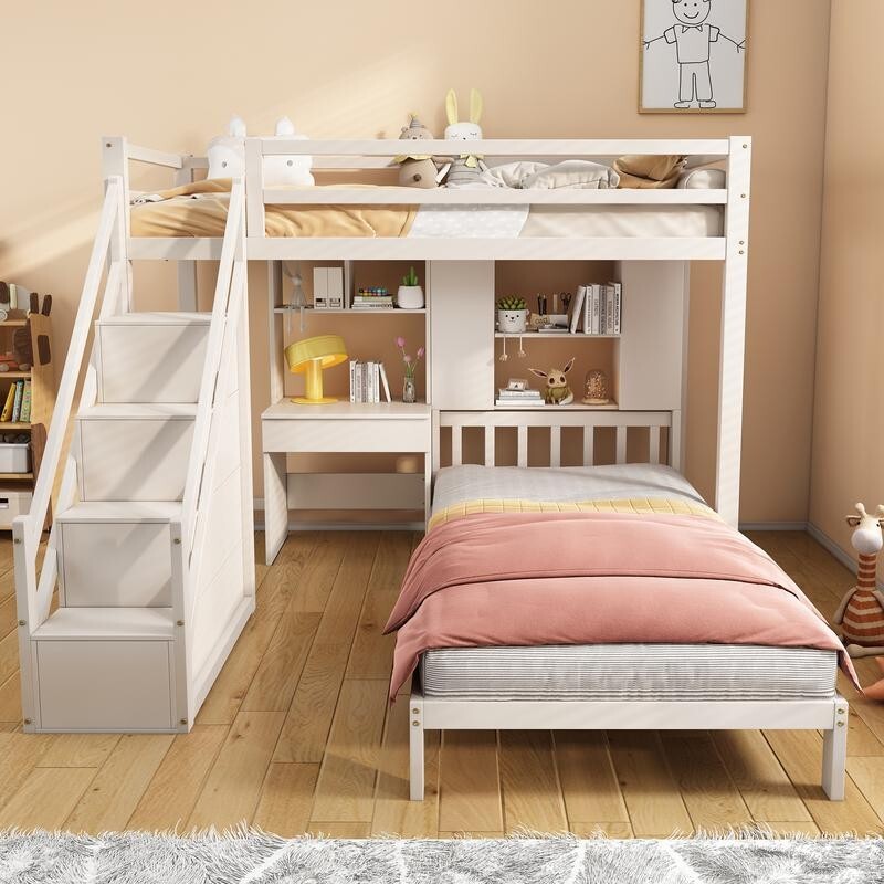 Kids Bunk Bed with Desk & Storage White 3FT Pine Wood Double Loft Bed 90x190cm