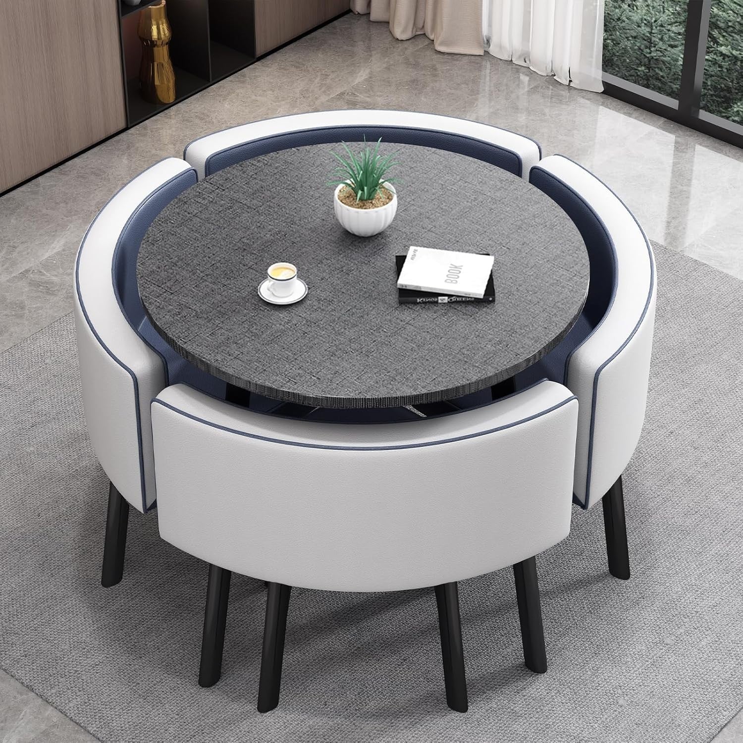 Modern Grey 35.4" Dining Table Set w/ 4 Blue Chairs – Space-Saving Faux Marble