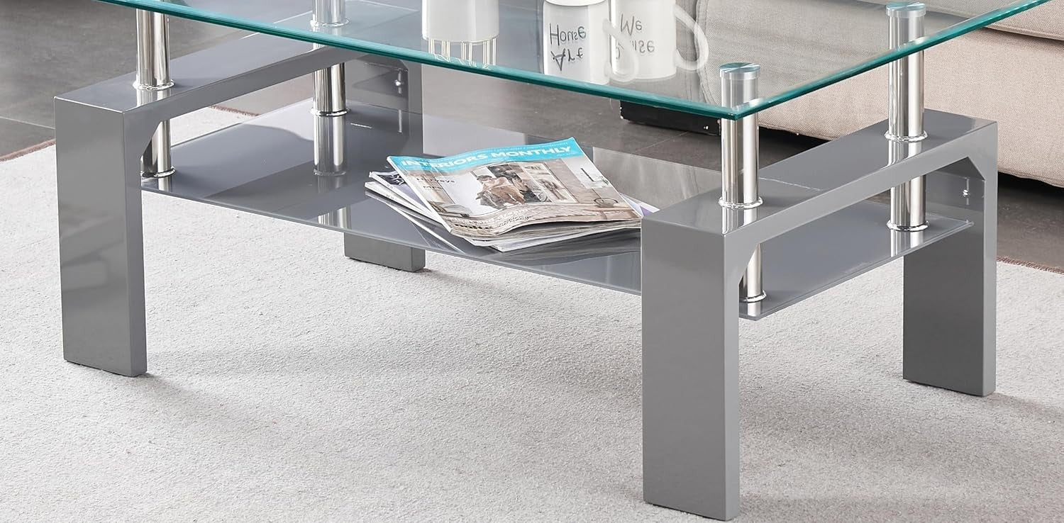 Modern Glass Top Coffee Table with Grey Shelf & High Gloss Legs – 100x60cm
