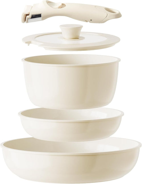 5pcs Beige Non Stick Ceramic Cookware Set with Detachable Handle PFAS PFOA Free