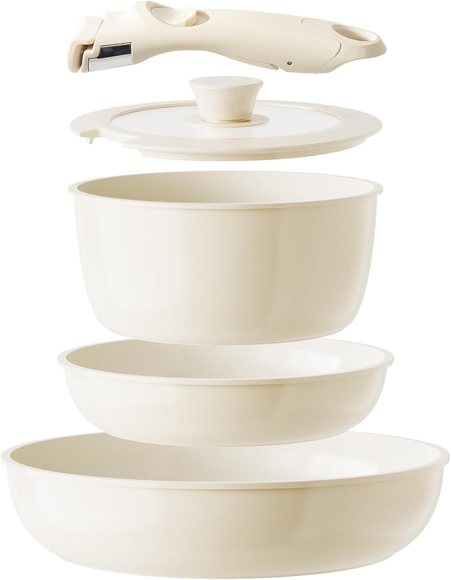 5pcs Beige Non Stick Ceramic Cookware Set with Detachable Handle PFAS PFOA Free