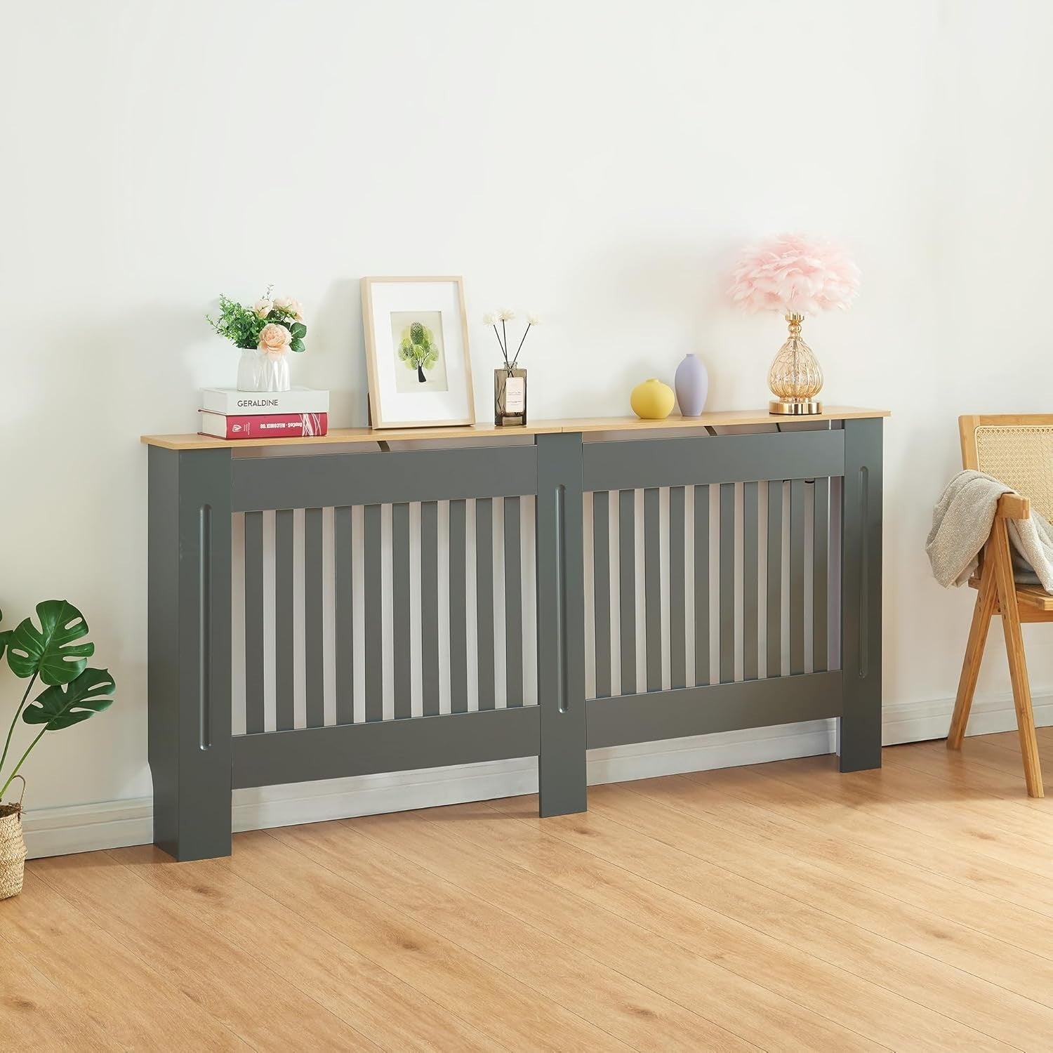 Grey Radiator Cover Extra Large 172cm Wooden Cabinet with Slatted Grill