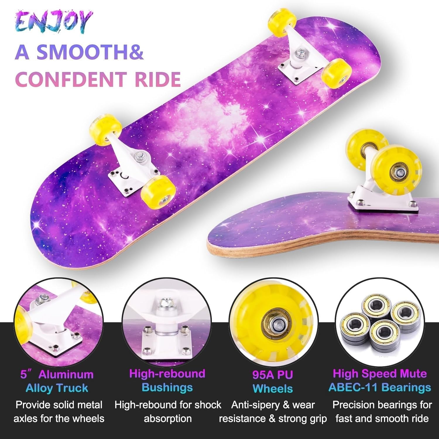 31x8 Complete Maple Skateboard Double Kick Sky Cruiser Kids Teens Adult