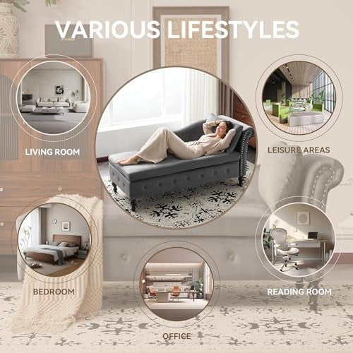 Velvet Chaise Lounge Sofa with Storage, Button Tufted, Grey, Right Armrest