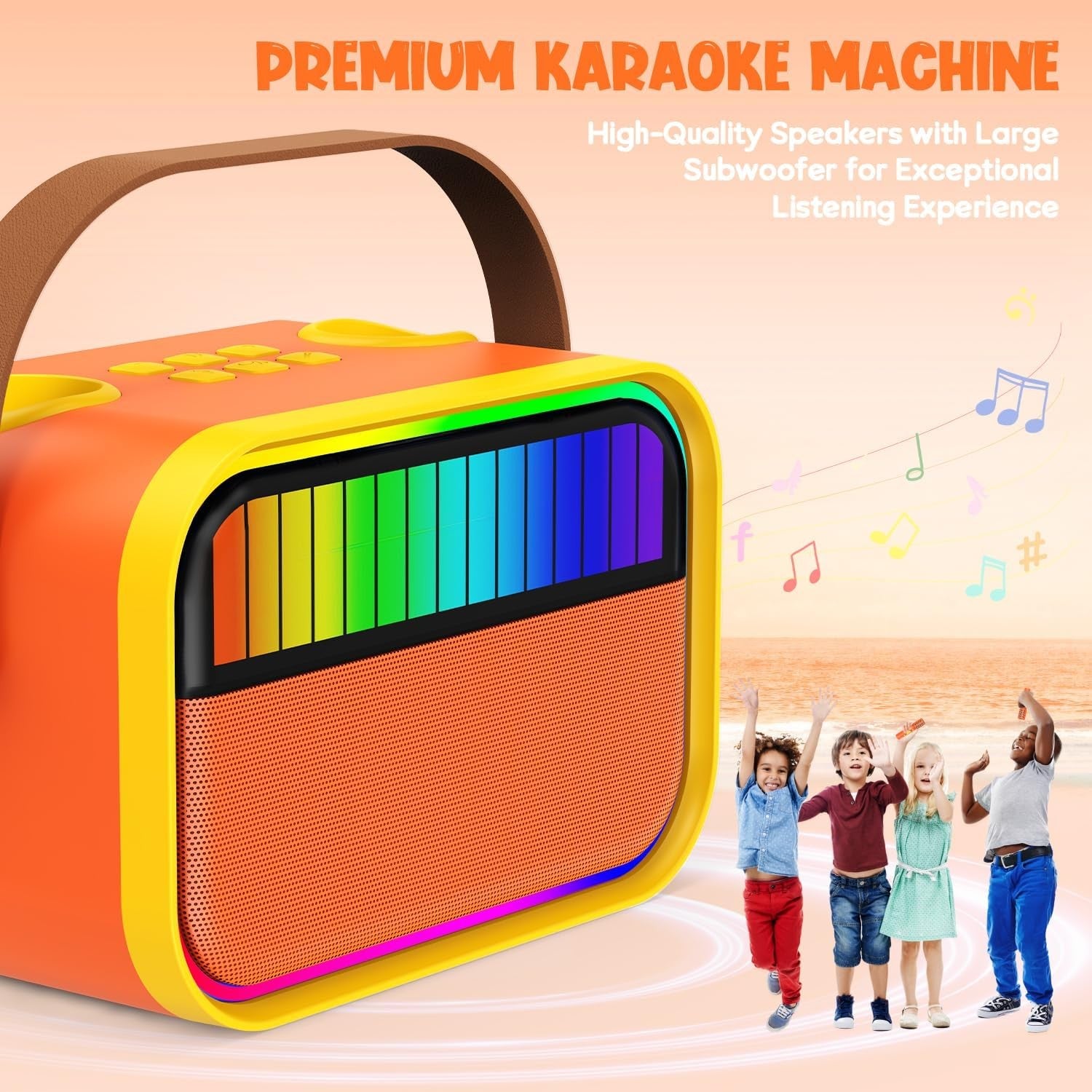 Kids Karaoke Machine 2 Mics Bluetooth LED Party Speaker Orange