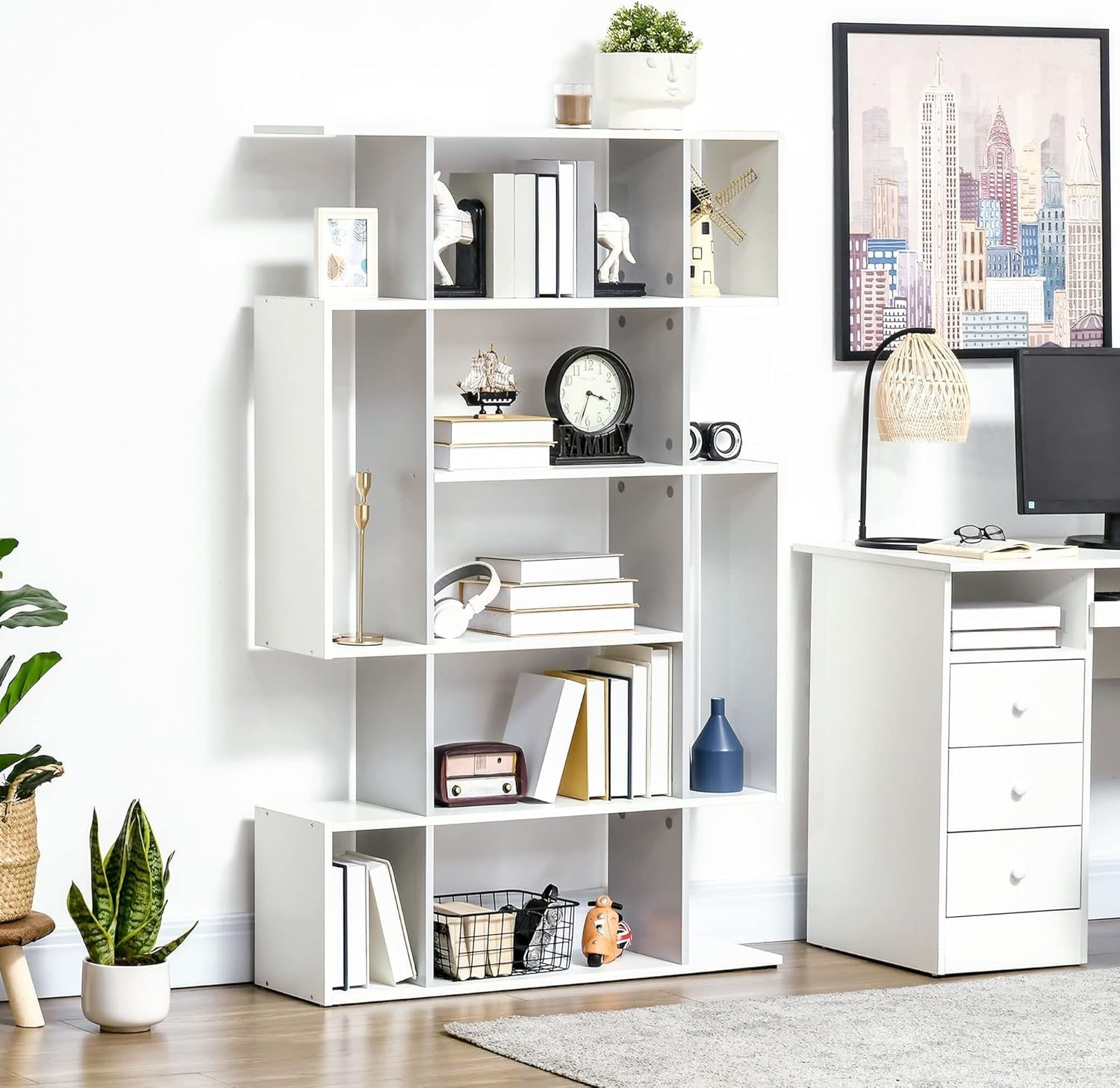 Modern 5-Tier Bookcase with 13 Shelves, Freestanding Storage Unit White