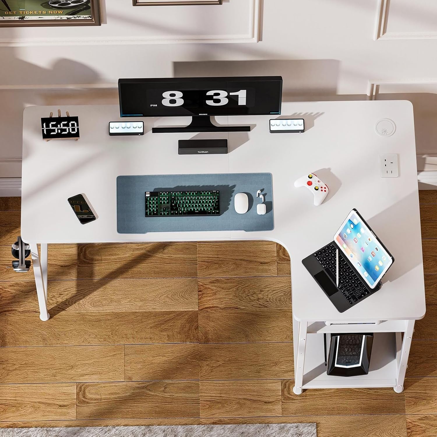 L Shaped White Corner Desk 130x80cm with USB Power & Shelves for Home Office