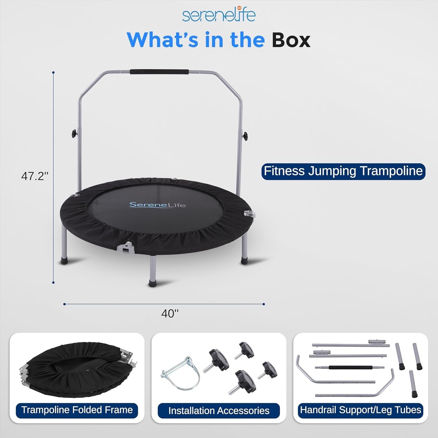 42” Foldable Mini Trampoline Indoor Outdoor Rebounder Adjustable Handle