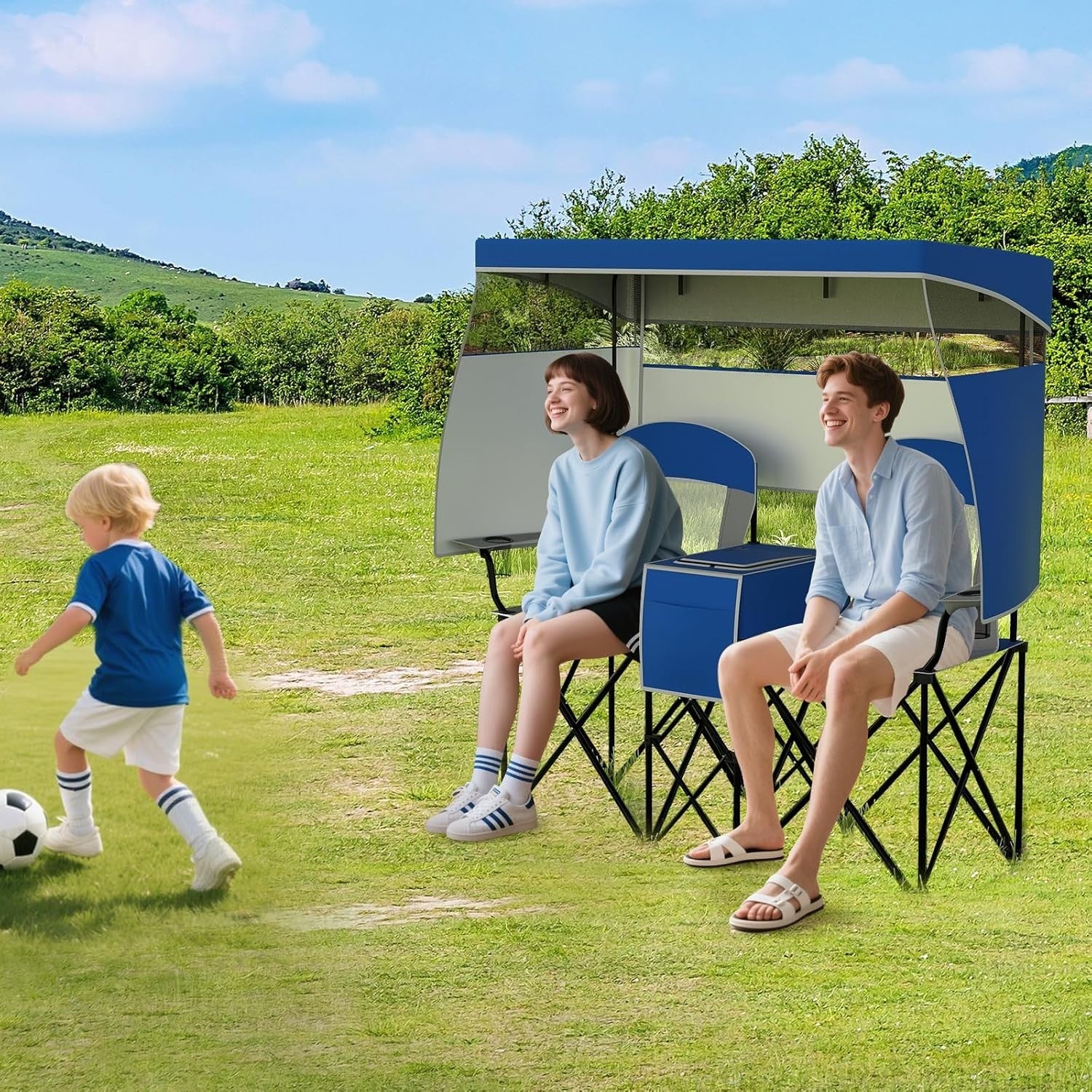 2 Seater Folding Camping Chair with Canopy, Cup Holders & Storage – Navy