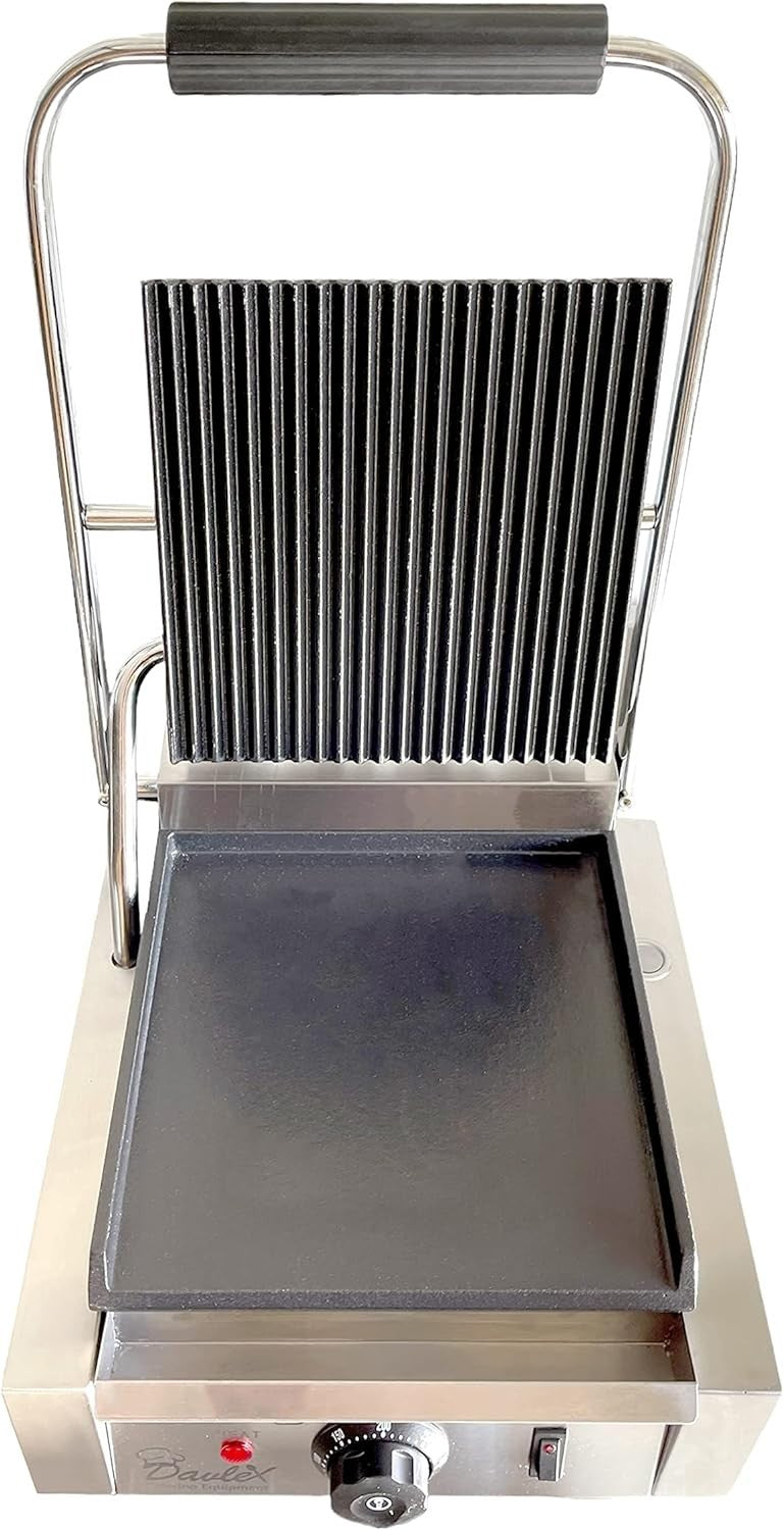 Commercial Electric Panini Press Grill Temperature Control Ribbed Flat
