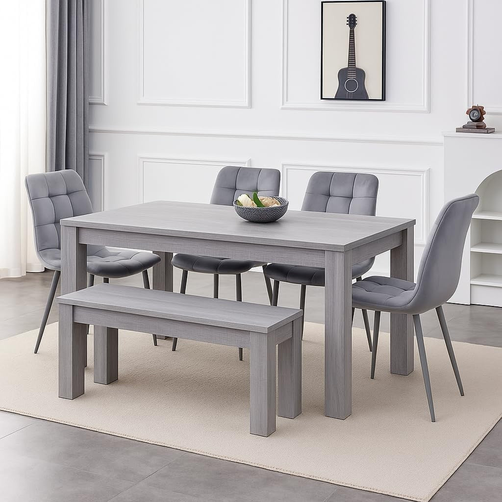 Grey Velvet Dining Table Set with 4 Chairs & Bench – Durable, Stylish Design