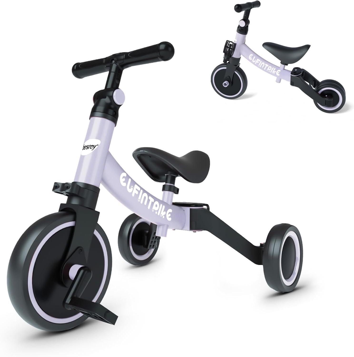 5 In 1 Toddler Tricycle Balance Bike Ride On Toy Removable Pedals Purple