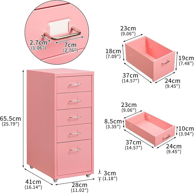 5 Drawer Metal File Cabinet with Wheels, Lockable Office Storage Unit