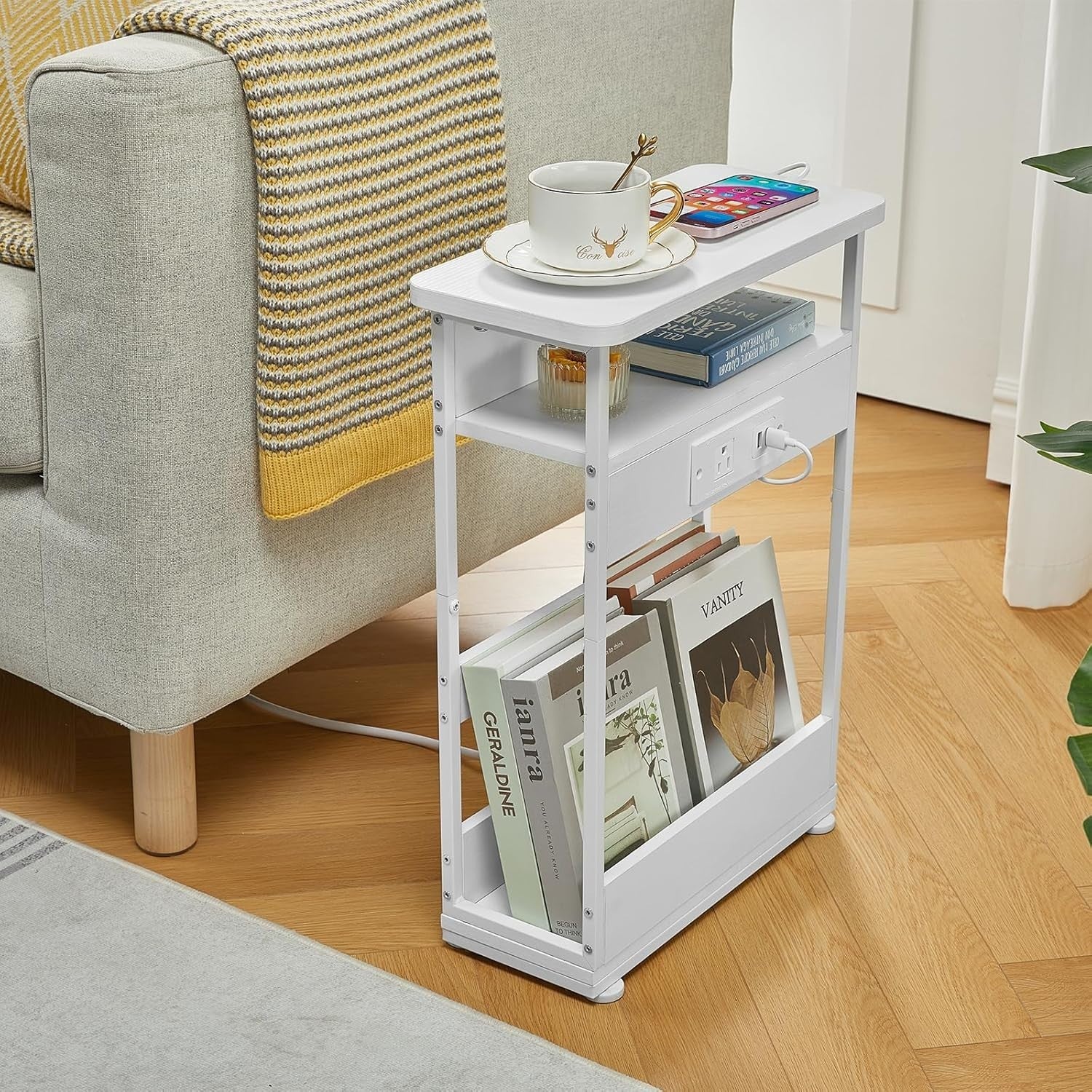 Slim White Side Table with USB Charging Ports – 3-Tier Small End Table