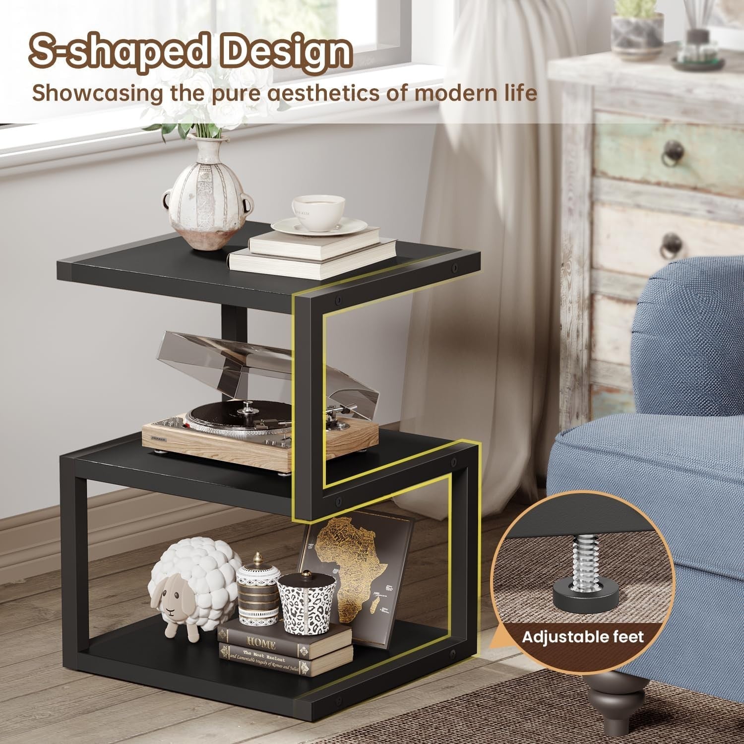 3-Tier S-Shape Side Table with Storage | Compact Black Nightstand 40x30x55cm