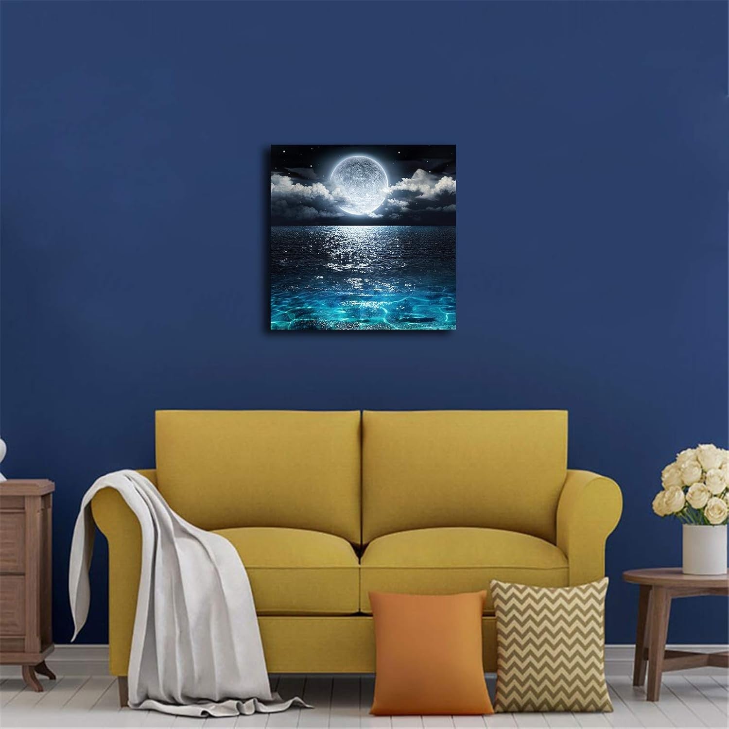 Moon Ocean Canvas Wall Art 12x12 Night Seascape Blue Framed Bedroom Decor