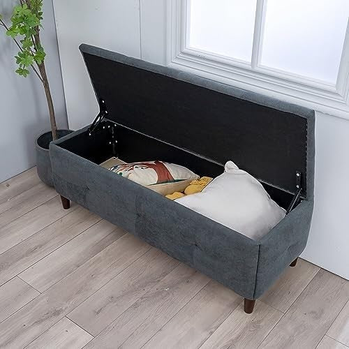 Grey Linen Storage Ottoman Bench with Seat & Lift-Up Lid 115x45x45