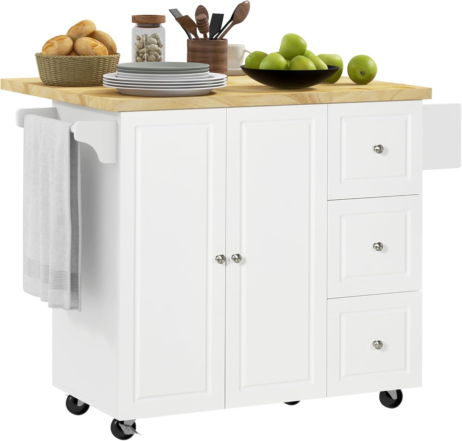 Kitchen Island on Wheels Drop Leaf Storage Cart with Drawers Wooden Top