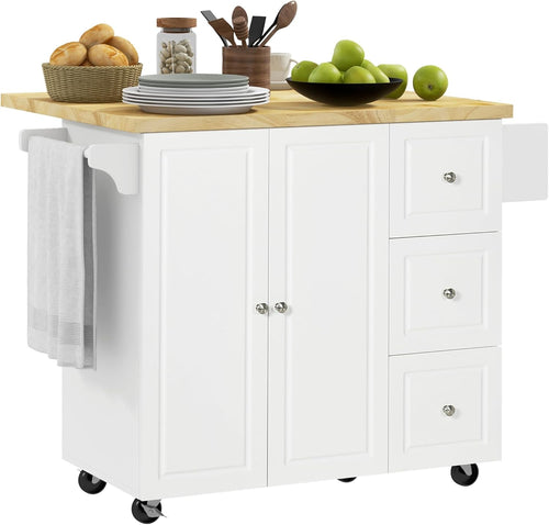 Kitchen Island on Wheels Drop Leaf Storage Cart with Drawers Wooden Top