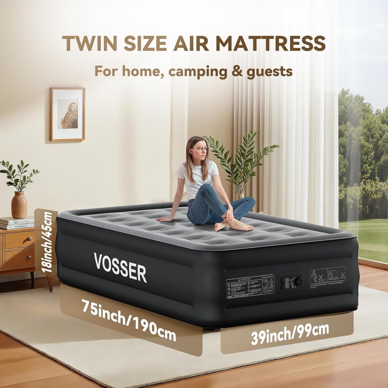 Single Air Mattress Built In Pump 18” Raised 2 Min Inflating Black Air Bed