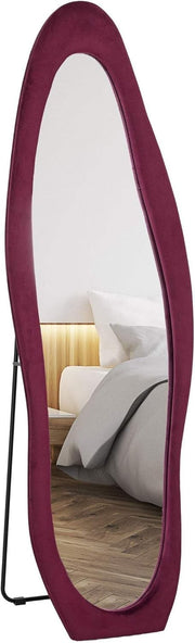 Full-Length Irregular Wavy Floor Mirror 160x50cm Velvet Frame Wine Red