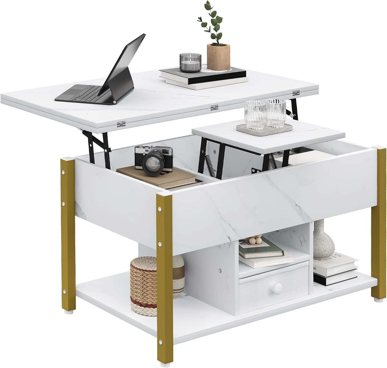 4in1 Lift Top Coffee Table with Storage Drawers Dining Table Convertible White