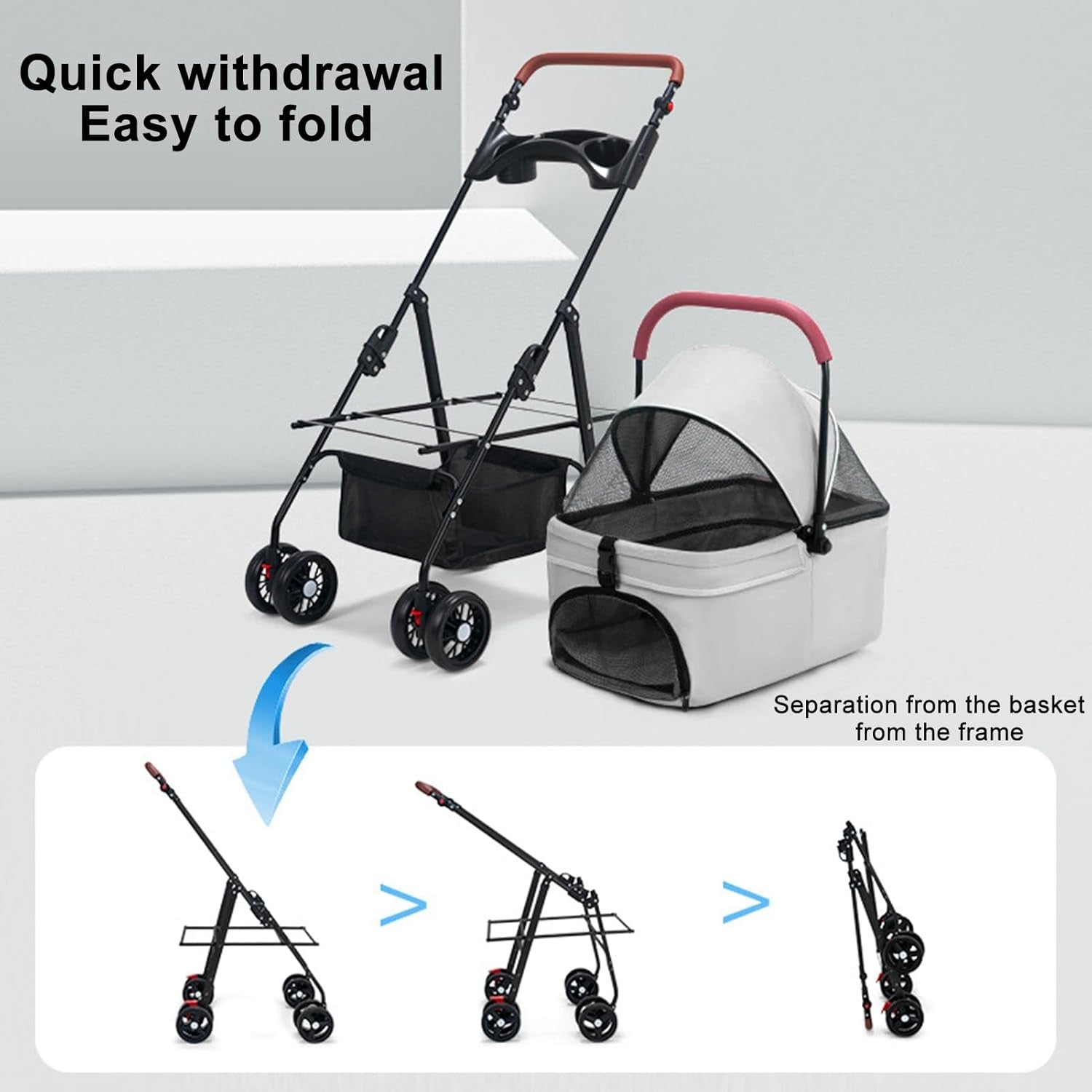 Dog Stroller Detachable Basket 4 Wheel Folding Puppy Pushchair Grey