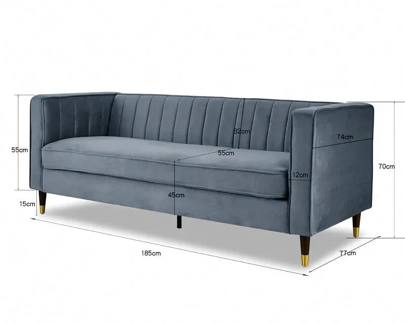 Grey Velvet 3 Seater Sofa Ribbed Back Gold Tip Legs High Arm Modern Couch