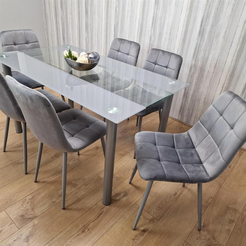 Glass Dining Table Set with 6 Grey Velvet Chairs Modern Kitchen 140cm