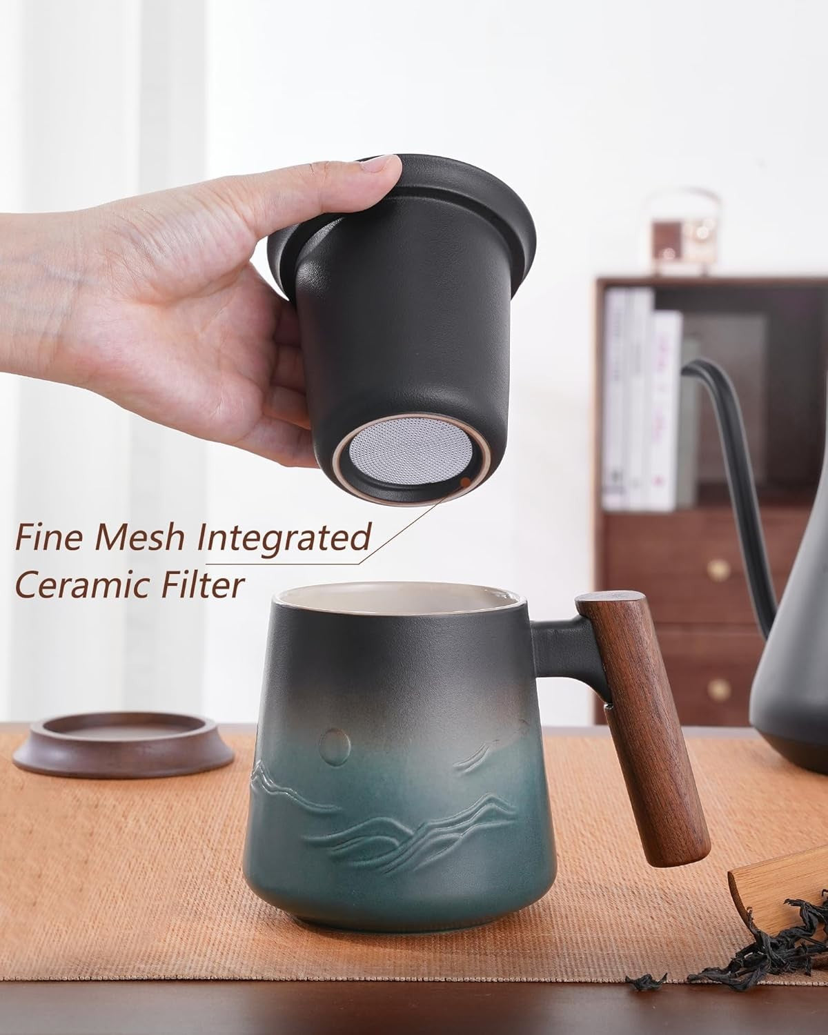 Ceramic Tea Mug 430ml with Infuser Lid & Wood Handle Loose Leaf Cup