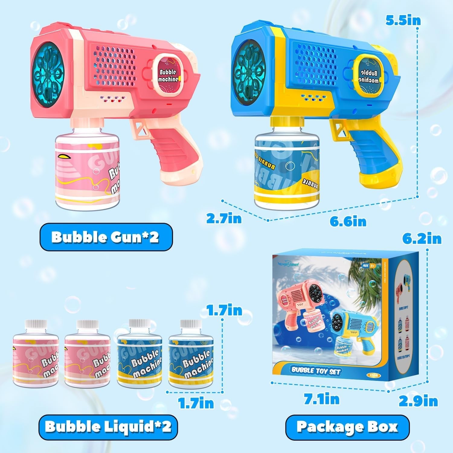 2 Pack Bubble Gun Set LED Lights 10000 Bubbles