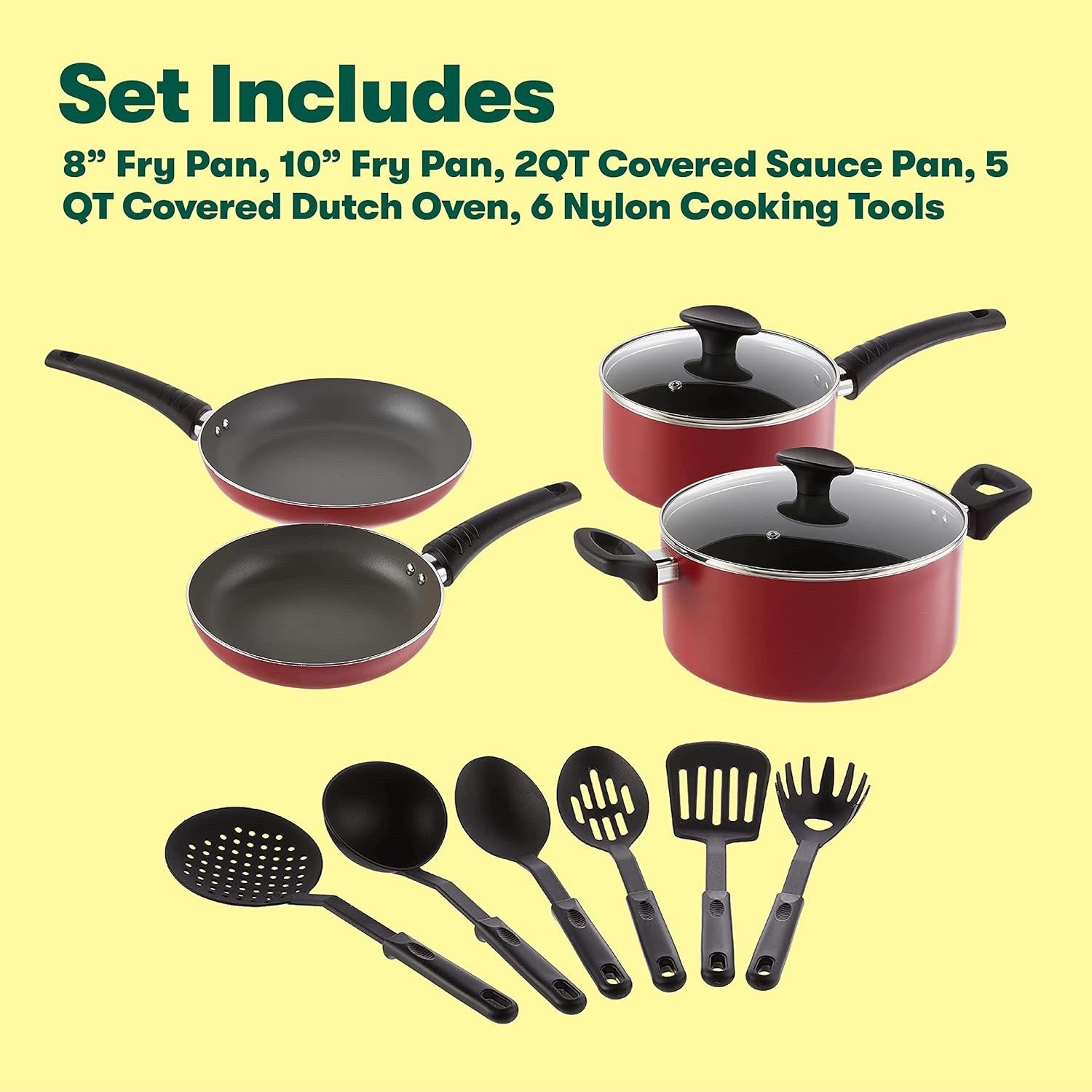 12pcs Red Non Stick Cookware Set with Utensils – Scratch Resistant PFOA Free